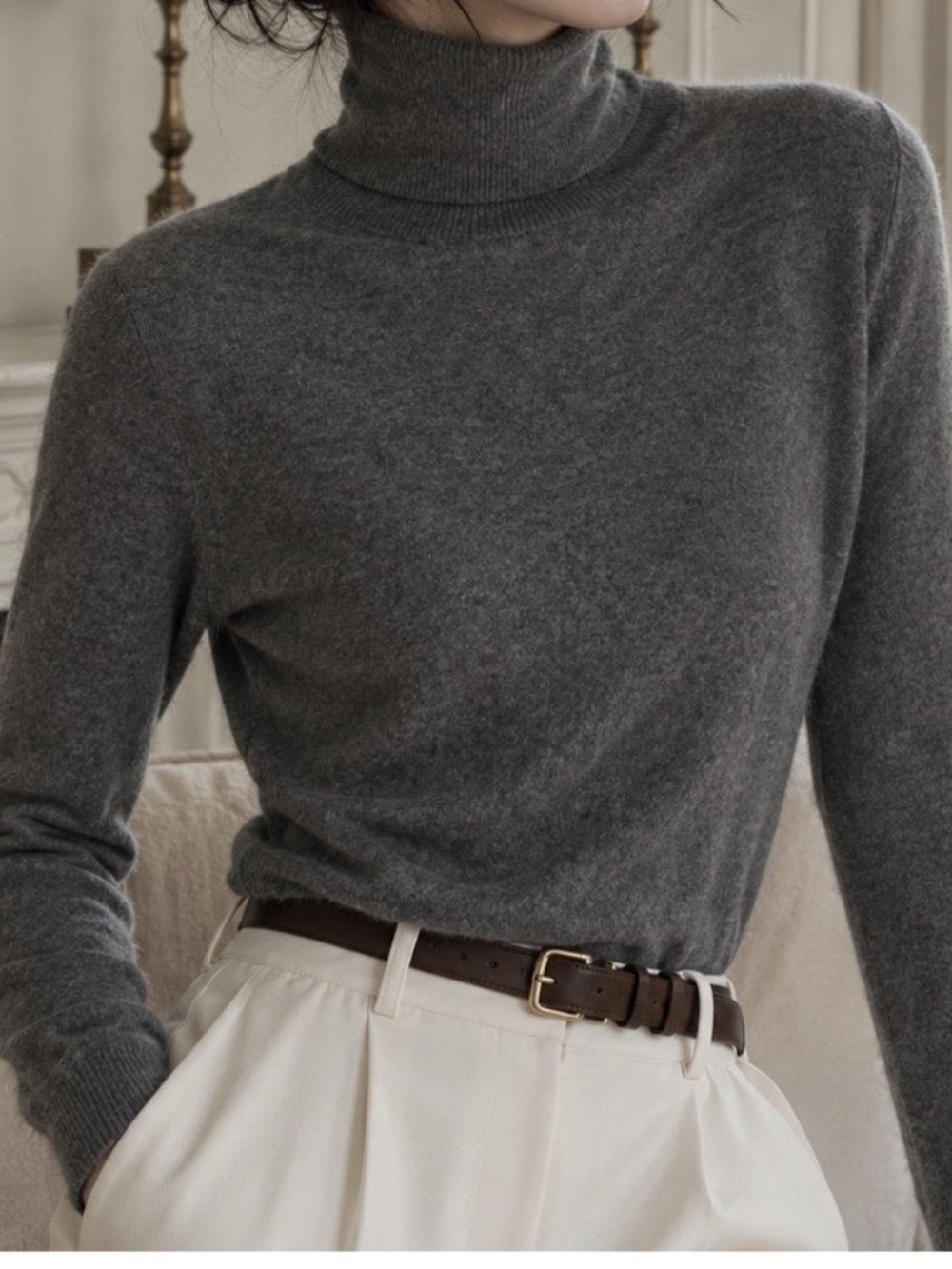 Garnet Hill Gray Cashmere Turtleneck Sweater Size L